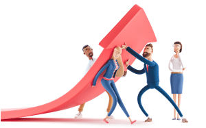 Cartoon professional team pushing an arrow up to represent the workplace struggle for results