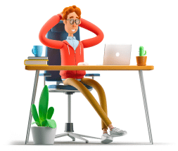 A cartoon man relaxing at his desk